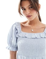 shirred frill mini dress in blue