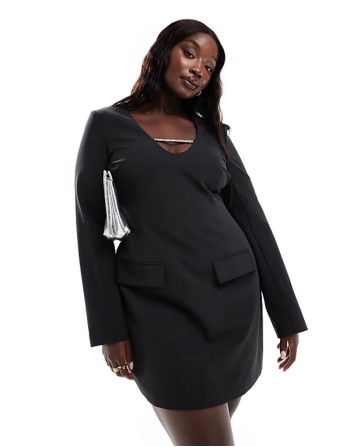 long sve embellished mini dress in black