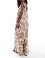 maxi beach dress with tie shoulder detail in natural zebra print