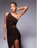 one shoulder sequin midaxi dress in chocolate