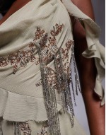 draped fringe embellished maxi dress with ruffles in sage green