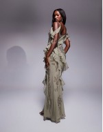 draped fringe embellished maxi dress with ruffles in sage green