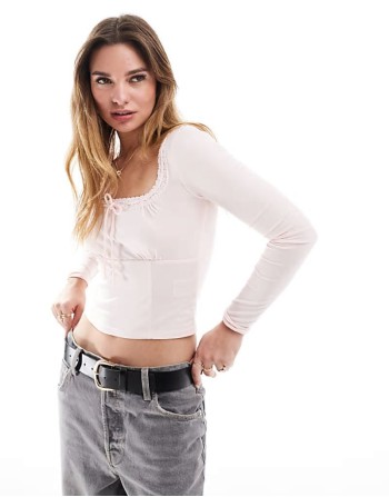 Cotton On Annie lace tie v neck long sve top in pink