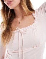 Cotton On Annie lace tie v neck long sve top in pink