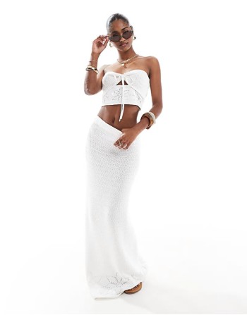 knit bandeau beach crop top and maxi skirt co-ord in white