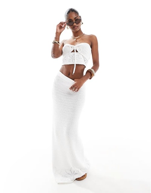 knit bandeau beach crop top and maxi skirt co-ord in white