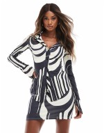 longline shirt and mini skirt co-ord in abstract mono print